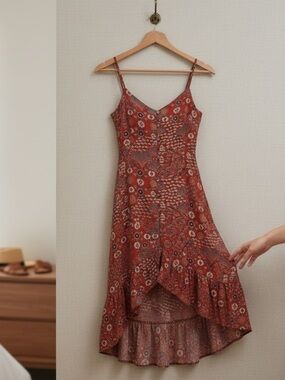 Abel the Label Lola Y2K  Tangerine Red Floral Boho Maxi Slip Dress Size S